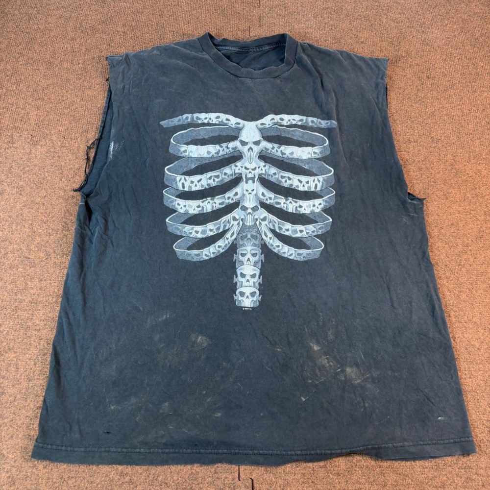 Vintage GSI Skeleton Rib Cage Muscle Tee Mens XL Faded Black Distressed 2005 Y2K